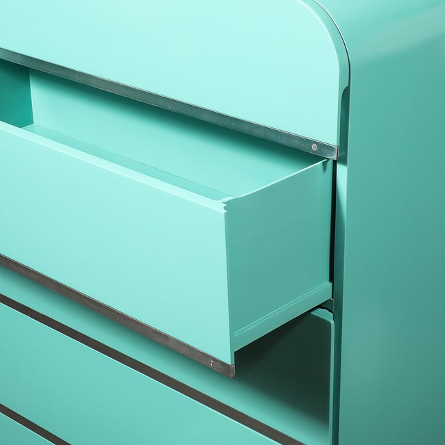 1930s Art Deco Robin's Egg Blue Lacquer & Brushed Aluminum High Chest by Donald Deskey For Sale - Image 5 of 12