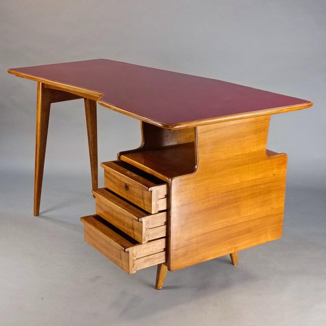 Wood Vintage Teak Desk with Amaranth Glass, 1950s For Sale - Image 7 of 10