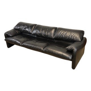 Maralunga 3-Seater Sofa in Black Leather by Vico Magistretti for Cassina, 1970s For Sale