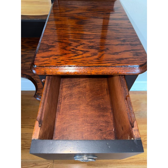 Vintage Satin Black & Oak Vanity With Tri-Fold Mirror | Refinished Makeup Vanity Desk For Sale - Image 10 of 11