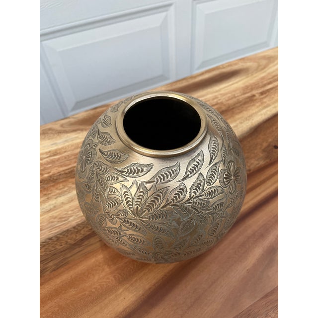 Brass Polished Brass Bubble Vase With Floral Etching, India, Mid 1900's For Sale - Image 8 of 12