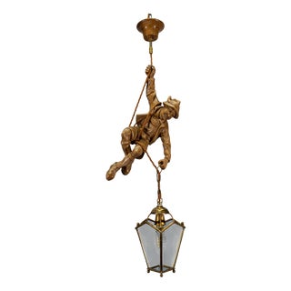 German Carved Linden Wood Mountaineer with Brass Lantern, 1950s For Sale