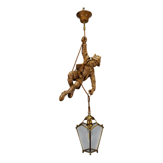 German Carved Linden Wood Mountaineer with Brass Lantern, 1950s For Sale