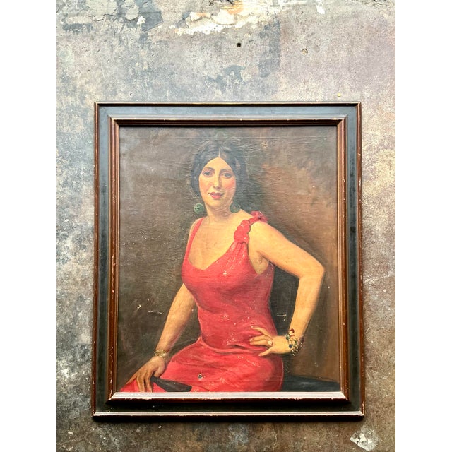 Vintage Boho Original Art Deco Oil Portrait of Woman For Sale - Image 4 of 5