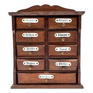 Antique Miniature Wooden Spice Cabinet with Porcelain Labels and 9 Drawers, 1960s For Sale
