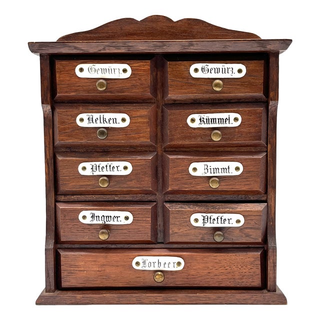 Antique Miniature Wooden Spice Cabinet with Porcelain Labels and 9 Drawers, 1960s For Sale