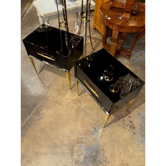 Modern Italian High Gloss Black Lacquered Side Tables With Brass Accents For Sale In Dallas - Image 6 of 7