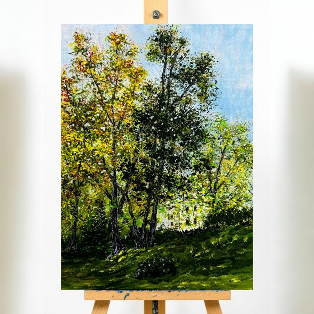 Enhance your space with this one-of-a-kind acrylic artwork, featuring vibrant trees under a serene blue sky with a lovely...