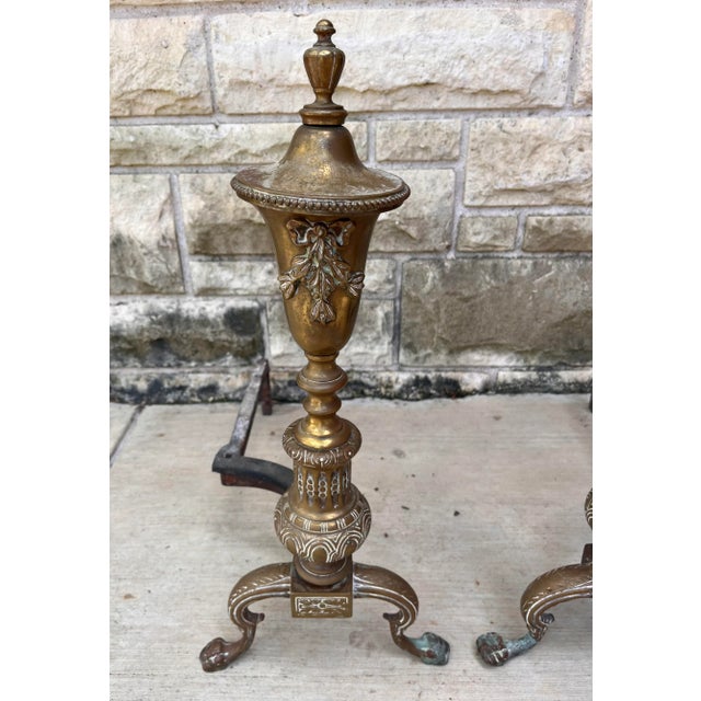 Victorian Pair of Large Ornate Brass Andirons For Sale - Image 3 of 10