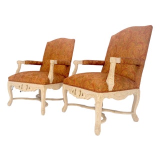 Pair of Fine Carved White Lacquer Rouge Floral Upholstery Arm Club Chairs MINT For Sale