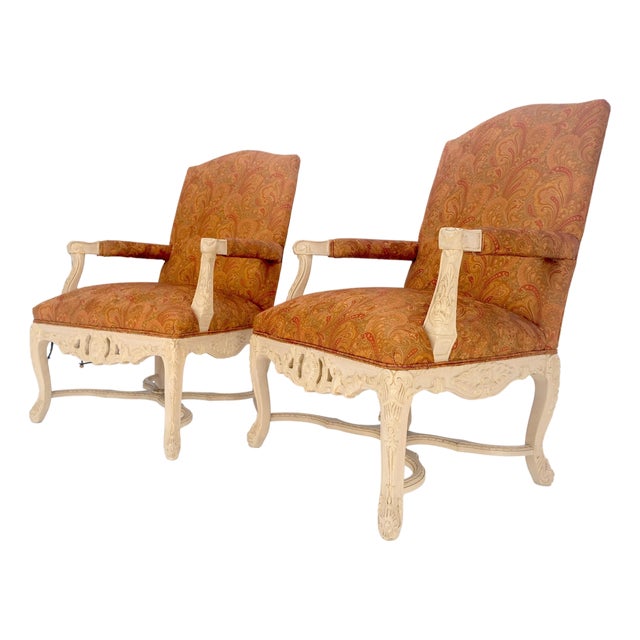 Pair of Fine Carved White Lacquer Rouge Floral Upholstery Arm Club Chairs MINT For Sale