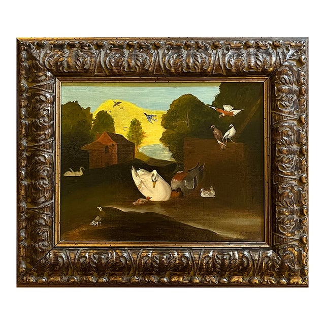 1990s Oil Painting of Birds and Fowl in a Farmyard Setting For Sale