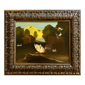 1990s Oil Painting of Birds and Fowl in a Farmyard Setting
