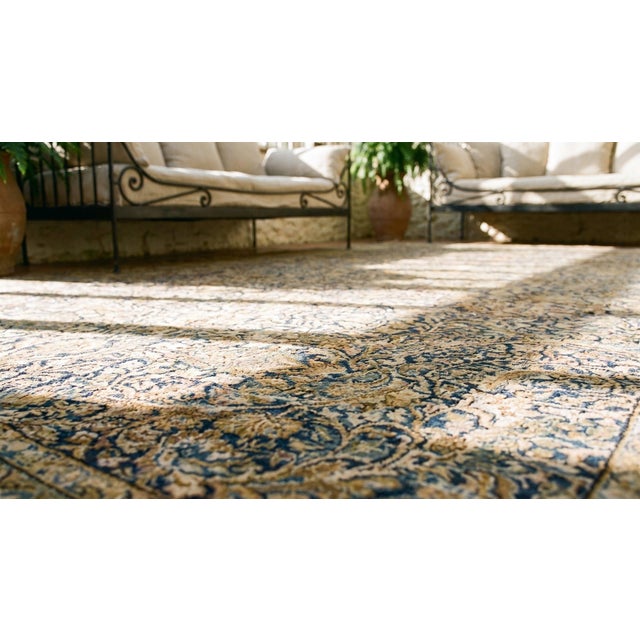 Navy Blue Rare Handmade Ivory Background Allover-Floral Design Rug Antique Persian Kirman For Sale - Image 8 of 8