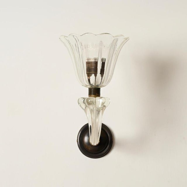 Metal Large Murano Glass and Bronzed Brass Flower Sconces from Barovier, Italy, 1940s, Set of 2 For Sale - Image 7 of 13