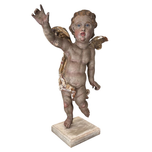 18th Century Large Bavarian Baroque Polychrome and Parcel-Gilt Carved Wood Putto.. For Sale - Image 10 of 12