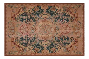 1960s Antique Needlepoint Aubusson Design Green/Tan Handmade Rug
