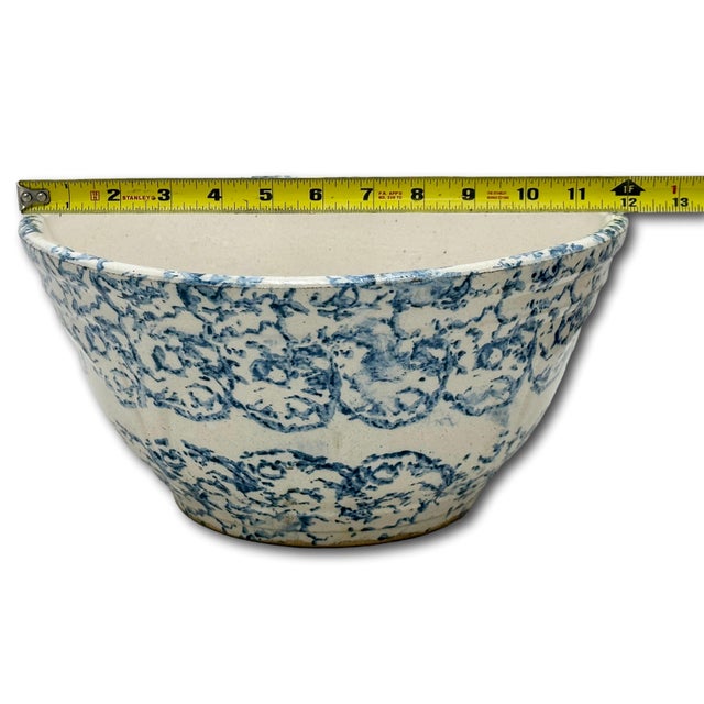 American Beautiful Large 12 Inch Size Antique American Blue Spongeware Decorated Stoneware Kitchen Mixing Bowl - 1890s For Sale - Image 3 of 18