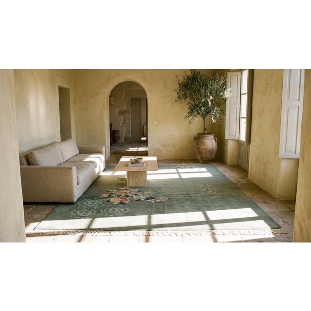1930s Green Floral Antique Chinese Art Deco Rug 9' X 12' Handknotted Wool Carpet For Sale - Image 9 of 9