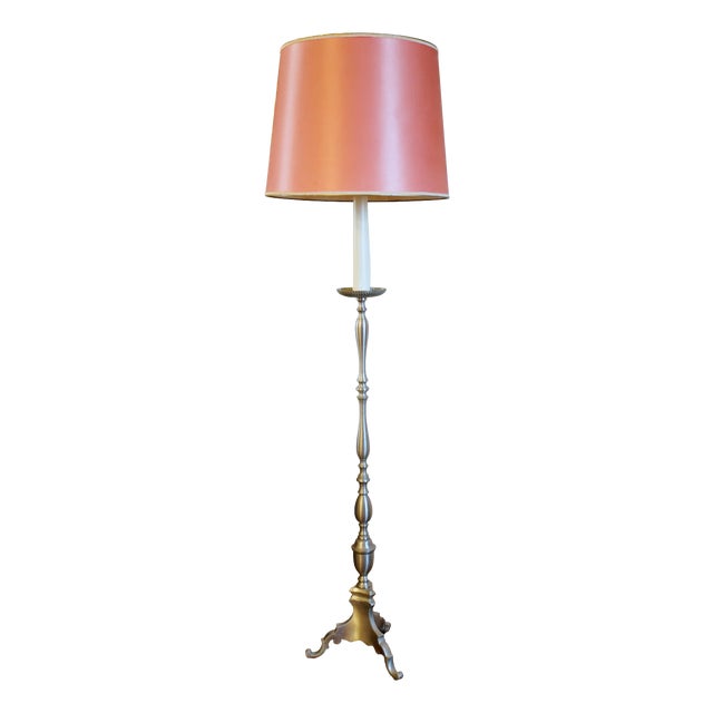 Brass Floor Lamp with Fabric Shade For Sale
