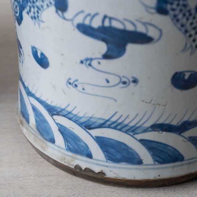 Pair of Chinese Blue and White Glazed Dragon Jars With Foo Dog Lid Finials For Sale In Savannah - Image 6 of 8