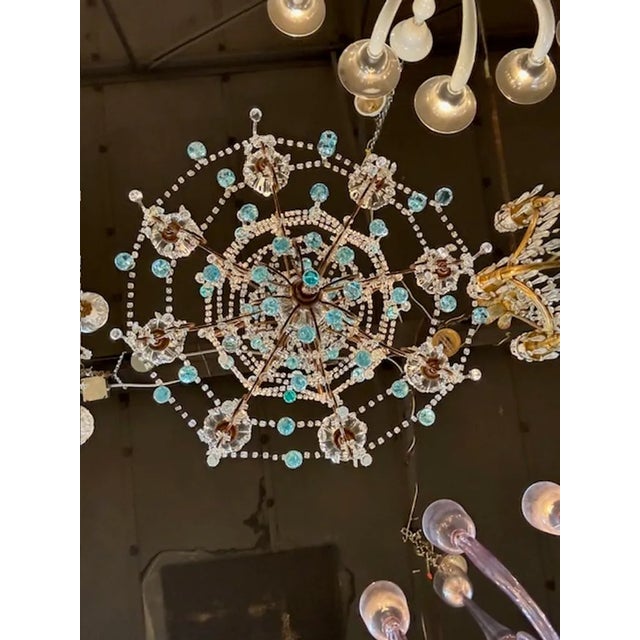 Metal Antique Italian Beaded Crystal Chandelier With Aqua Teardrops For Sale - Image 7 of 8