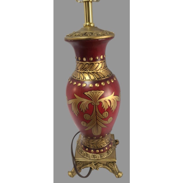Vintage Neo-Classical Urn Elegant Maroon Red & Gold Painted Table Lamp Original Shade For Sale - Image 9 of 11