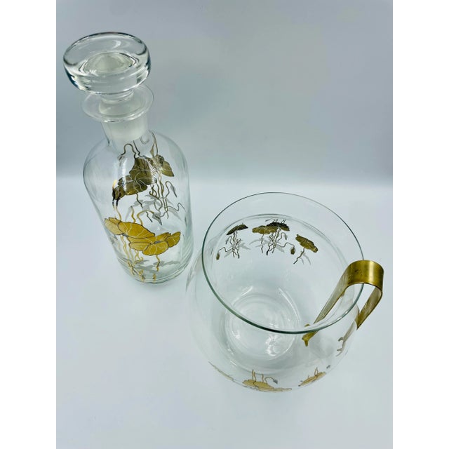 Transparent Mid 20th Century Opulent Orchids Gold Leaf Motif Decanter & Ice Bowl- 3 Pieces For Sale - Image 8 of 13