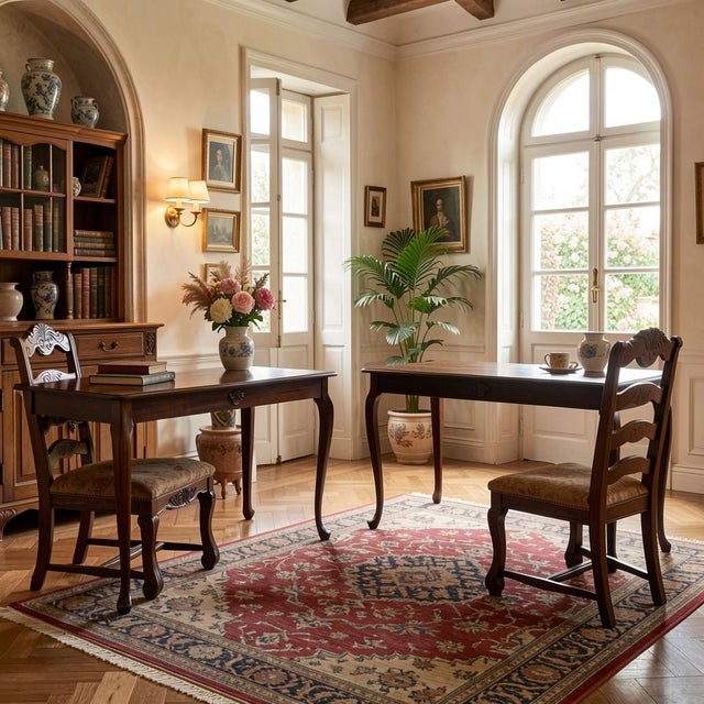 1970s The Dualist Atelier: Grand Partners Office Suite With Matching Queen Anne Writing Desks & Sculptural Mediterranean Carved Chairs For Sale - Image 9 of 13