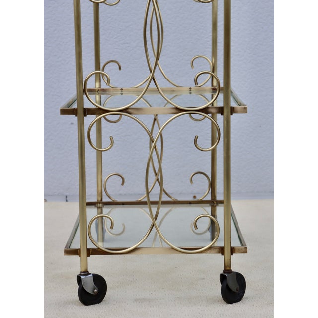 Metal 1960's Solid Brass 3 Tier Modern Scroll Bar Cart For Sale - Image 7 of 12