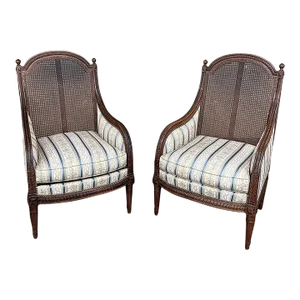 Pair Antique French Louis XVI Walnut Upholstered Bergeres ~ Armchairs