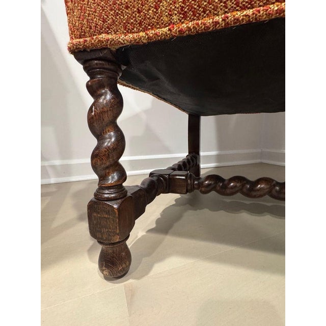 Wood Vintage Queen Anne & Archie Bunker Style Wingback Chair With Carved Spindle Legs For Sale - Image 7 of 11