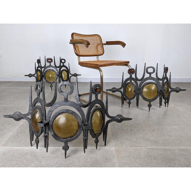Absolutely impressive, this set of three sculptural appliques fuses the wrought iron with the blown glass, applied...