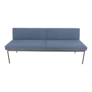 Geiger Tuxido Lounge Sofa Couch Bench Seating Blue Upholstery Black Frame For Sale