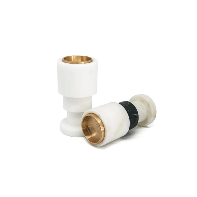 Short Straight Two-Tone Candleholder in White Carrara and Black Marble For Sale - Image 4 of 5