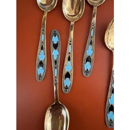 Mid 20th Century Art Deco Silver Cloisonne' Enamel Dematasse Spoons - Set of 6 For Sale - Image 4 of 9