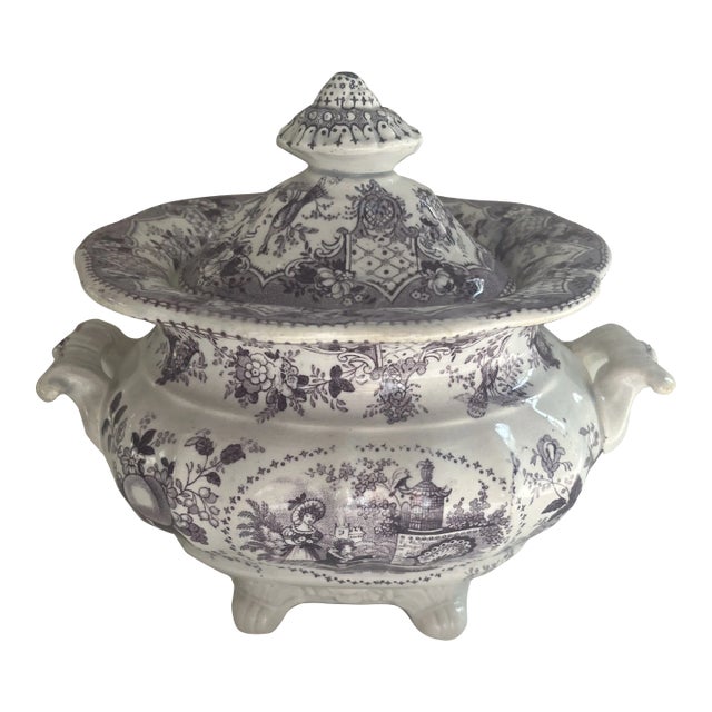 Antique Purple Plum Transferware Staffordshire Sugar Bowl “Juvenile Amusement” For Sale