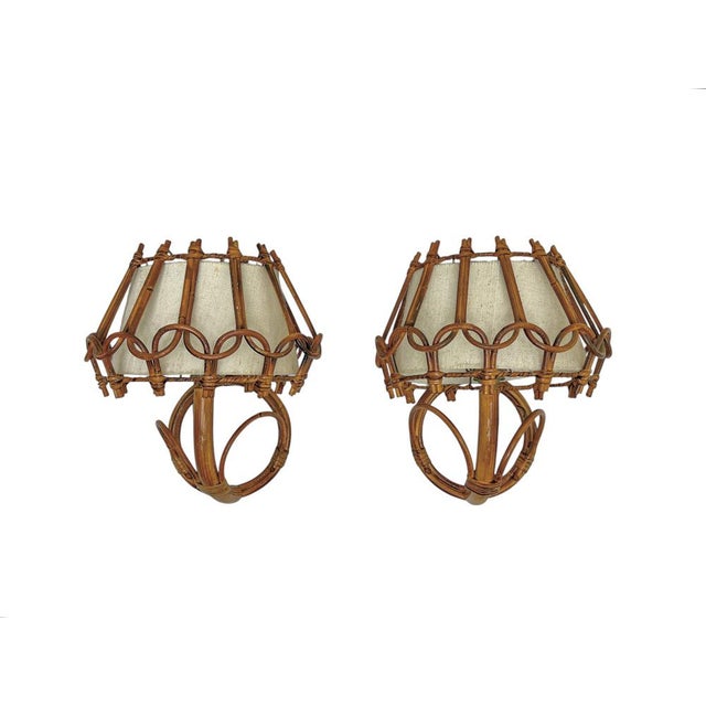 Louis Sognot Bamboo and Rattan Wall Lights by Louis Sognot, 1960s, Set of 2 For Sale - Image 4 of 14