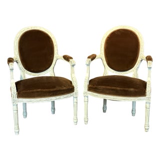 19th Century French Louis XVI Carved and Painted Armchairs -a Pair For Sale