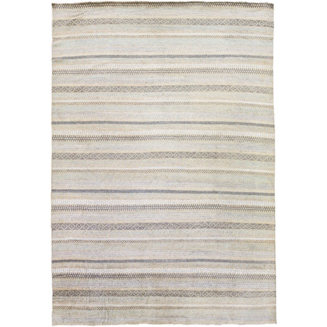 Modern Apadana's Safi Collection Handmade Stripe Designed Wool Rug For Sale - Image 11 of 11