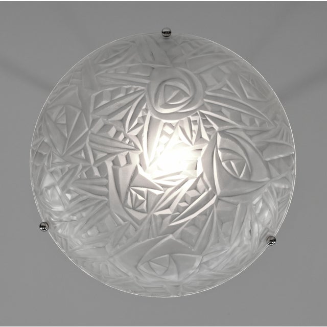 Metal French Art Deco Pendant Light by Noverdy 1930s - Floral Frosted Glass & Nickeled Bronze For Sale - Image 7 of 10