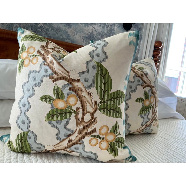 Mid-Century Modern Brunschwig & Fils "Josselin" in Aqua and Mist 22" Down-Filled Pillows - A Pair For Sale - Image 3 of 6