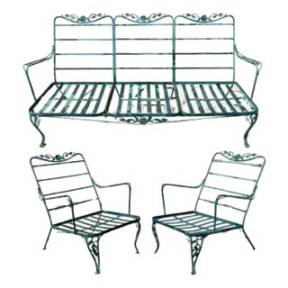 Vintage Woodard Style Wrought Iron Patio 3 Seat Sofa and Pair Lounge Chairs - 3 Pieces For Sale