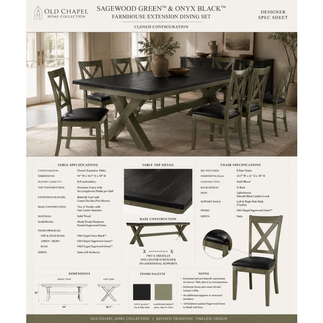 Contemporary Architectural Transitional Extension Dining Set in Old Chapel Sagewood Green™ & Onyx Black™ For Sale - Image 3 of 6