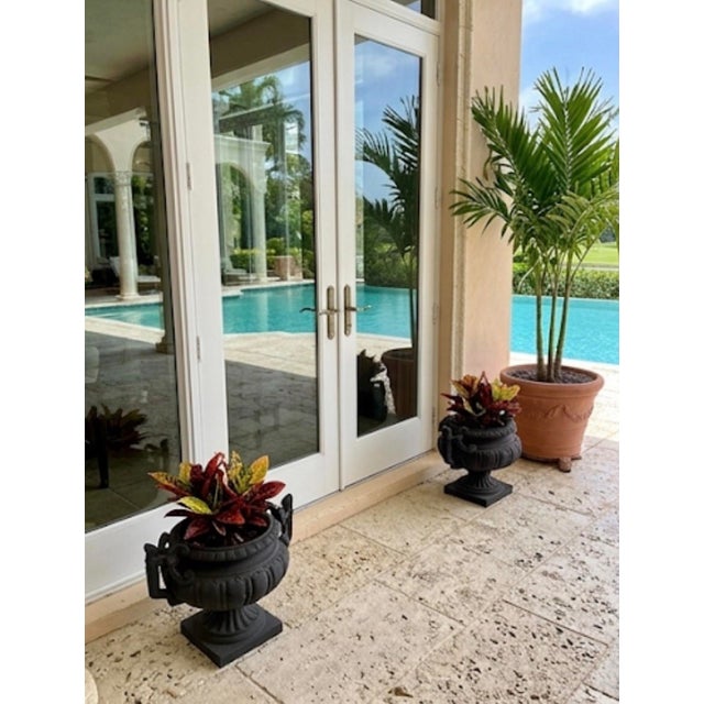 Pair of Vintage Neo-Classical Cast Iron Style Garden Urns – Matte Black For Sale - Image 9 of 12