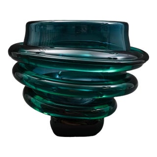 Vintage Tommie Rush Signed Green Heavy Art Glass Bowl Sculpture For Sale
