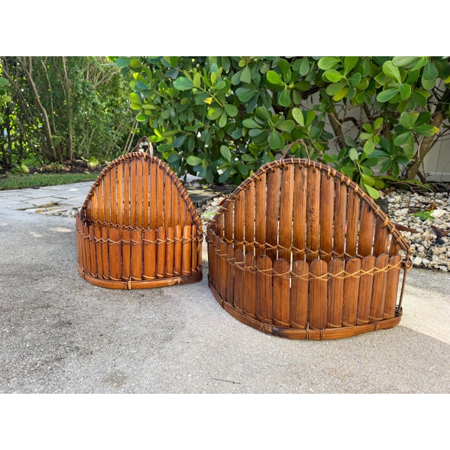 Contemporary Vintage Split Bamboo Wall Baskets With Scalloped Form, Pair For Sale - Image 3 of 10