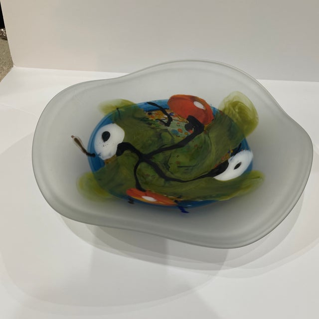 Art frozen glass large dish center piece sign Mihai Topescu hand painted on a middle from Romania