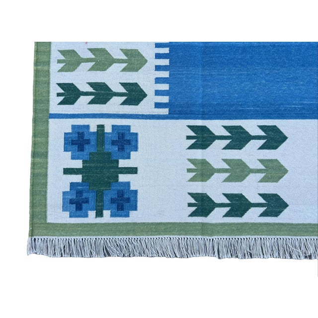 Not Yet Made - Made To Order Handmade Cotton Natural Vegetable Dyed Reversible Indigo Blue Cream and Green Leaf Pattern Rug Dhurrie - 8'x10' For Sale - Image 10 of 11