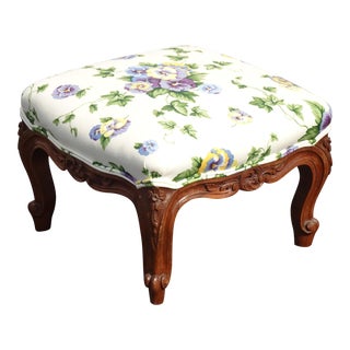 Vintage French Country White Floral Foot Stool For Sale